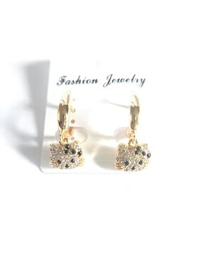Gold Plated Cat Head Rhinestone Dangle Earrings